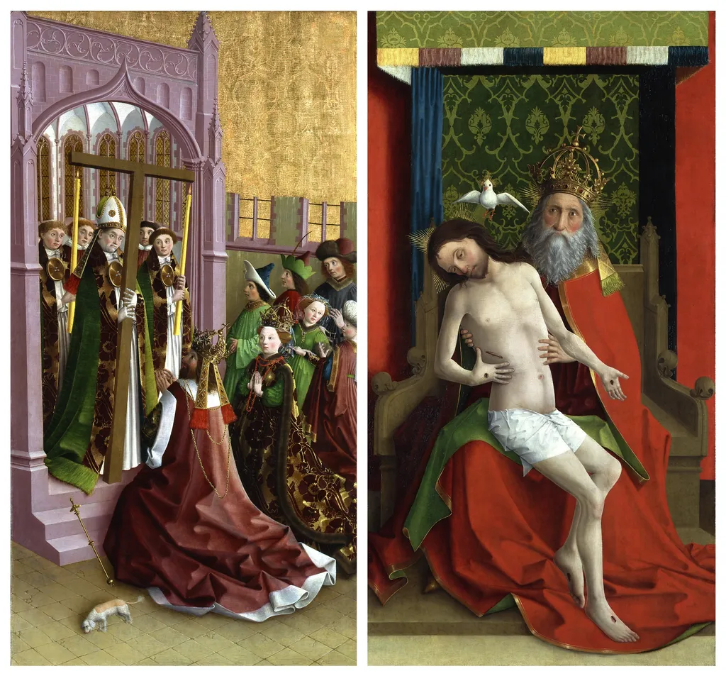 The veneration and dedication of the Holy Cross to the church by Emperor Constantine and his mother Helena, by Master of the Darmstadt Passion, paint, 1460