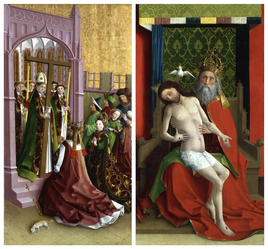 The veneration and dedication of the Holy Cross to the church by Emperor Constantine and his mother Helena, by Master of the Darmstadt Passion