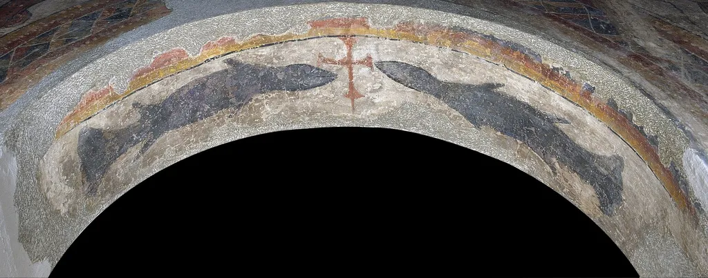Fish flanking a cross from Santa Maria de Taüll, by Master of the Day of Judgement, unspecified, 1123