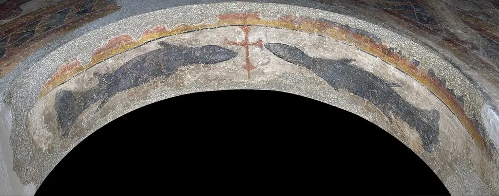 Fish flanking a cross from Santa Maria de Taüll, by Master of the Day of Judgement