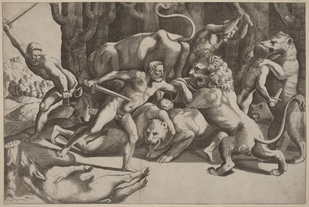 Five Men Fighting Beasts, by Master of the Die, ink, 1532