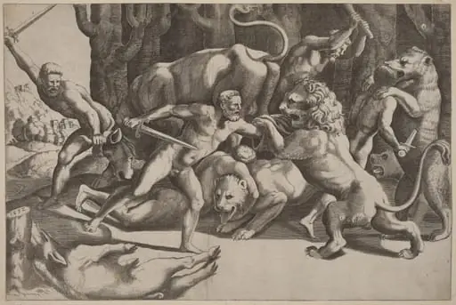 Five Men Fighting Beasts, by Master of the Die