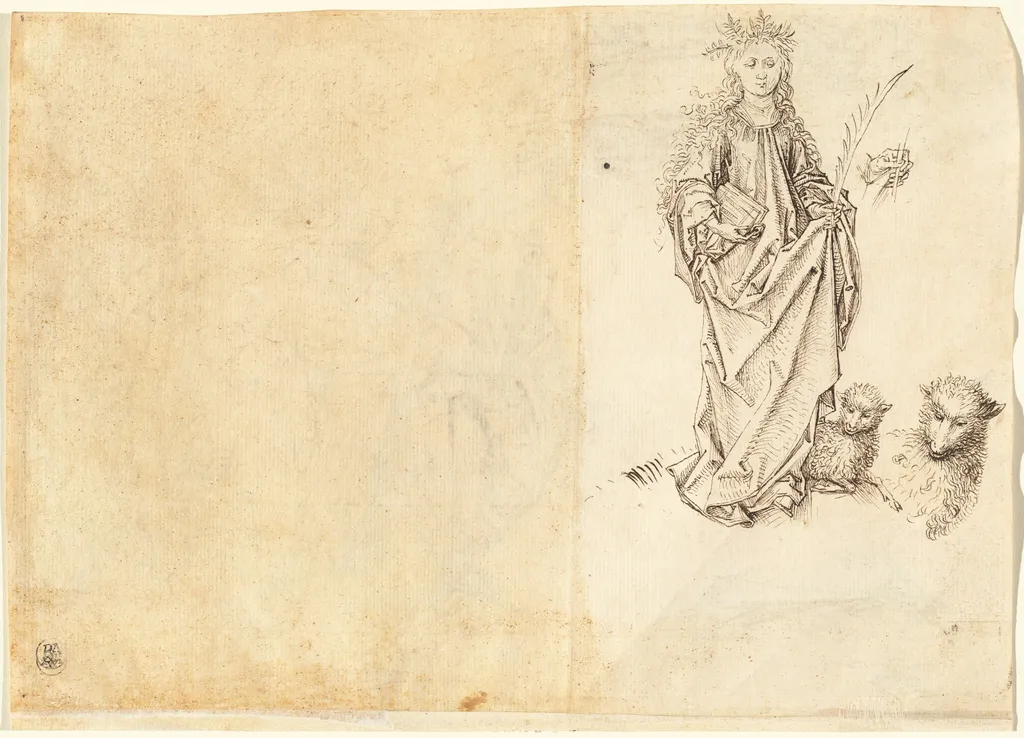 Saint Agnes (verso), by Master of the Drapery Studies, ink