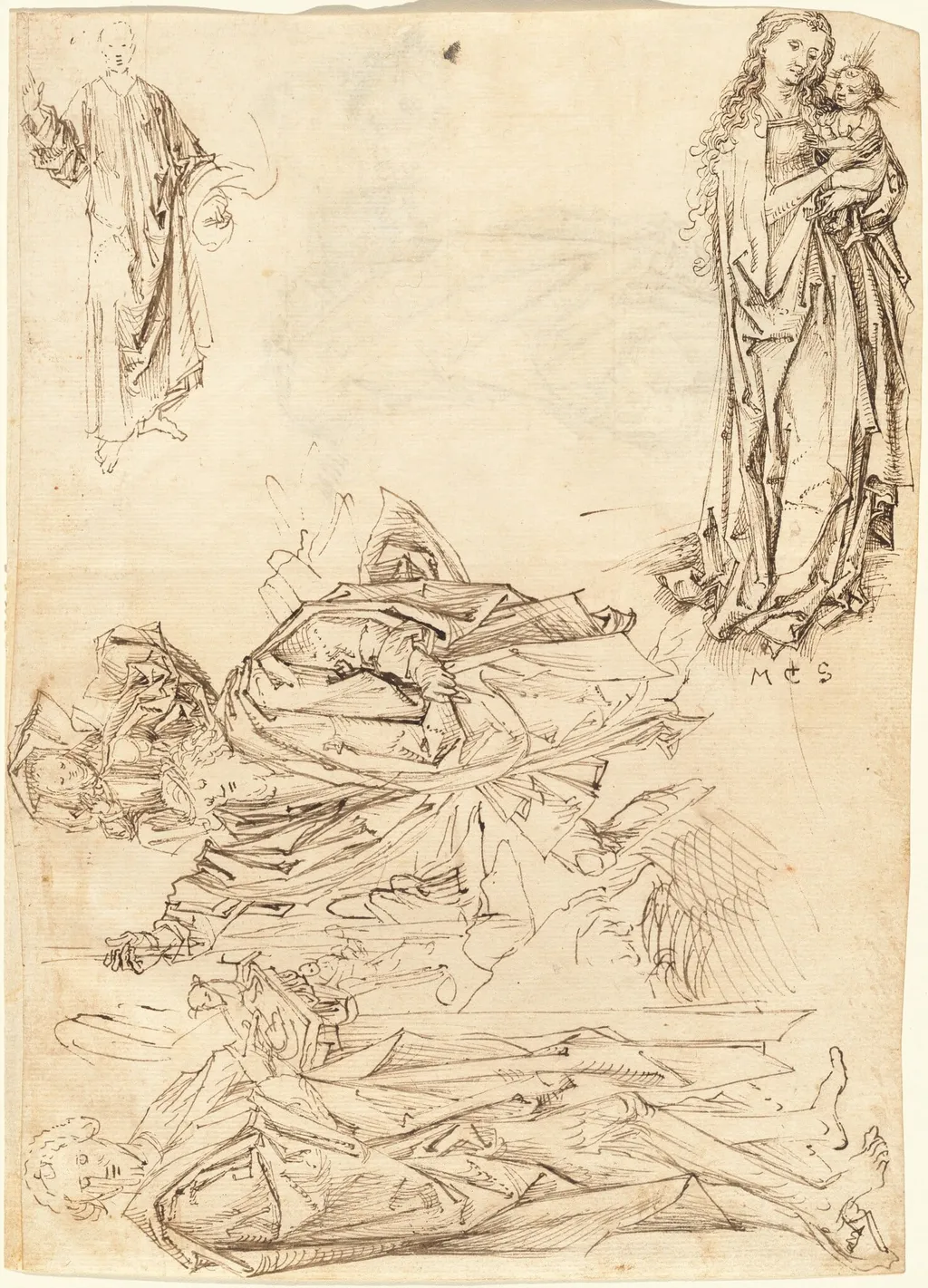 Saint Christopher, Saint John the Baptist, the Virgin and Child, and Christ Blessing (recto), by Master of the Drapery Studies, ink