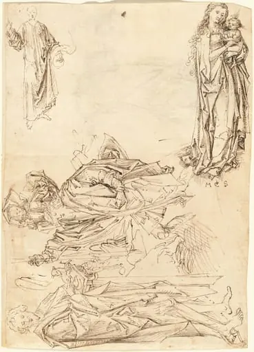 Saint Christopher, Saint John the Baptist, the Virgin and Child, and Christ Blessing (recto), by Master of the Drapery Studies