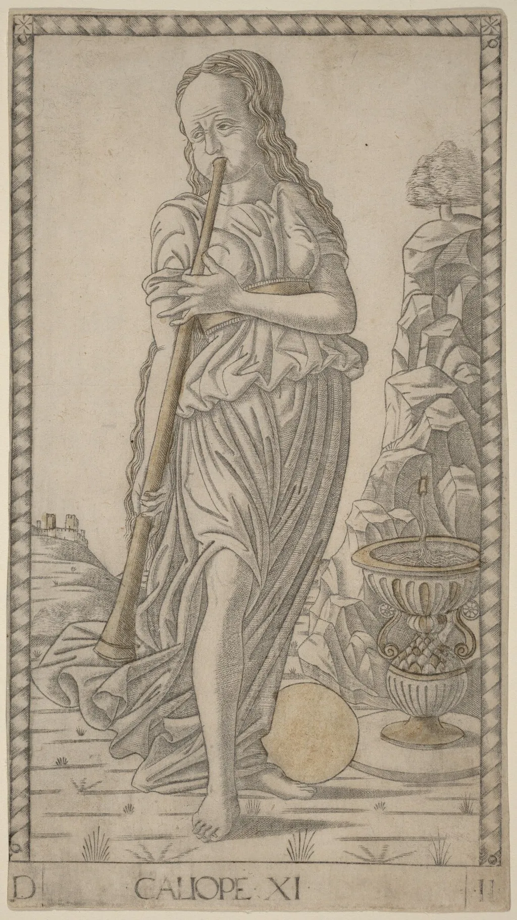 Caliope (Calliope), by Master of the E-Series Tarocchi, ink, 1465