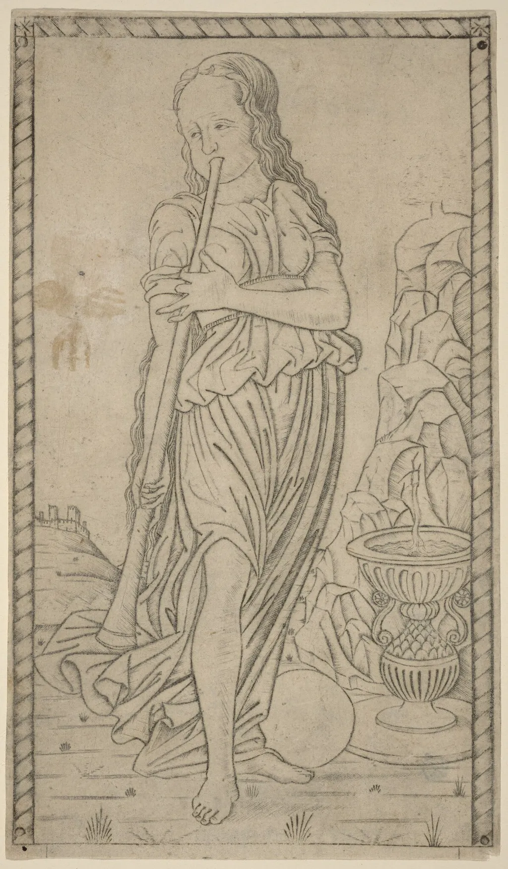 Caliope (Calliope), by Master of the E-Series Tarocchi, ink, 1465