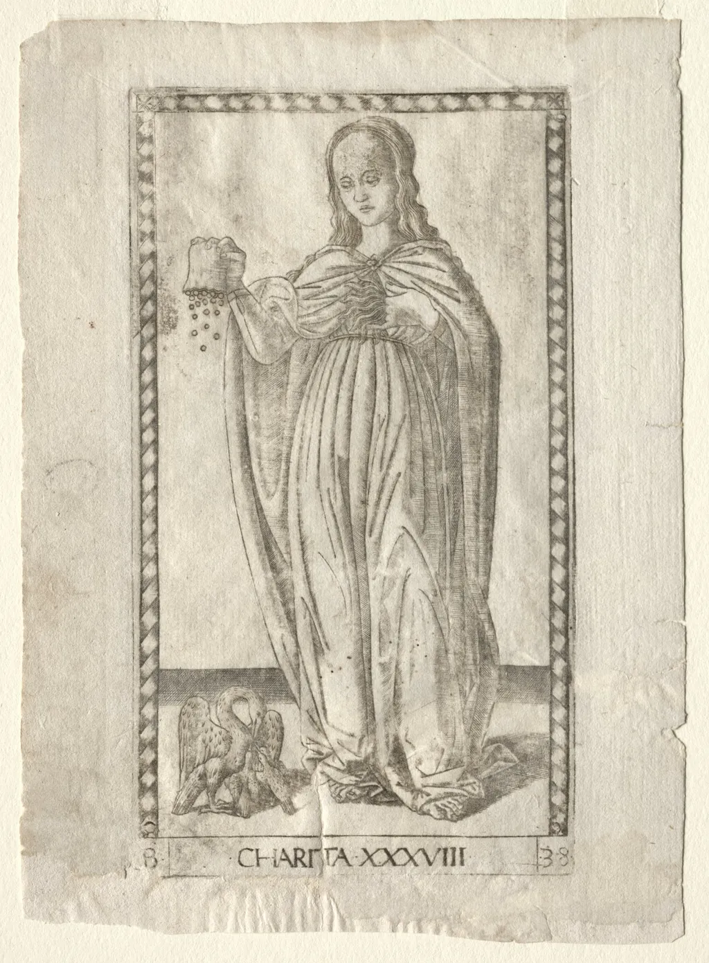 Charity (from the Tarocchi, series B: Cosmic Principles & Virtues, #38), by Master of the E-Series Tarocchi, 1467