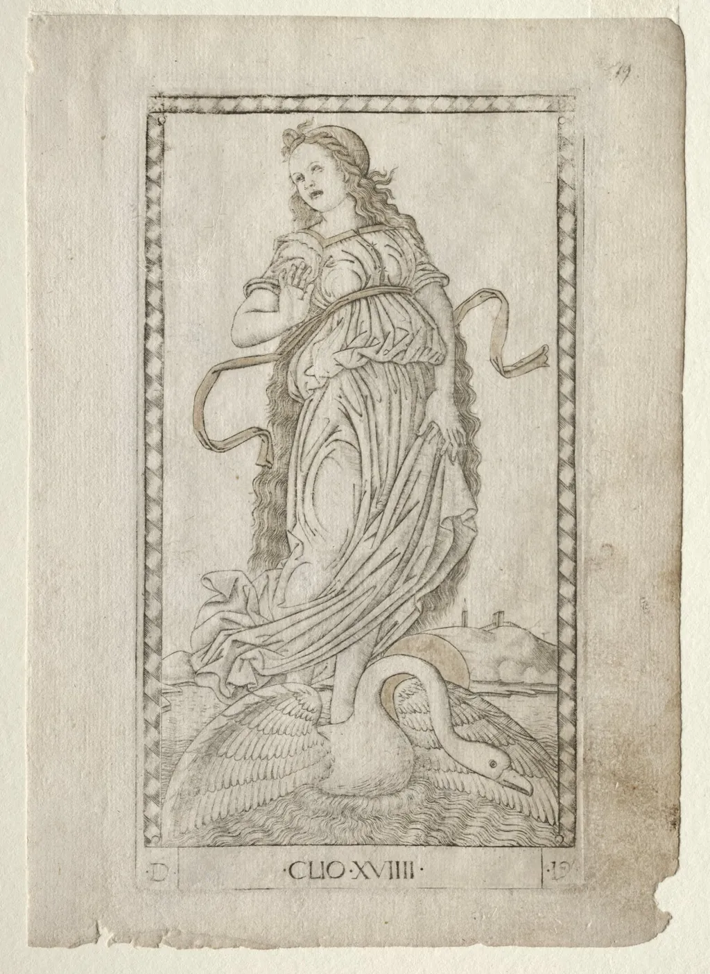 Clio (history) (from the Tarocchi series D: Apollo and the Muses, #19), by Master of the E-Series Tarocchi, 1467