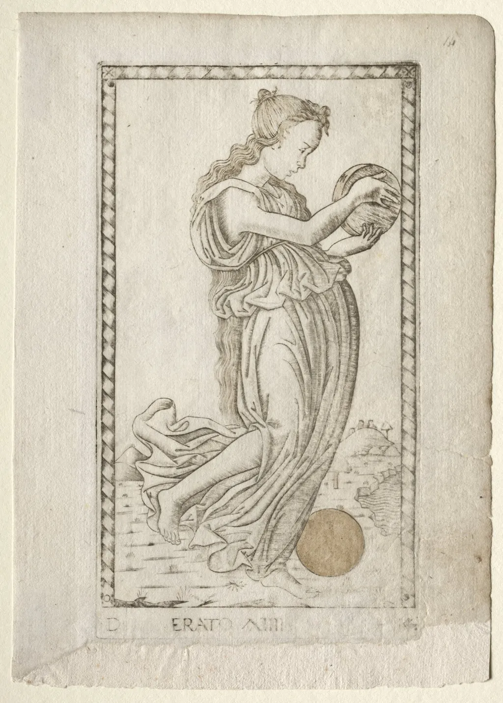 Erato (lyric and love poetry) (from the Tarocchi series D: Apollo and the Muses, #14), by Master of the E-Series Tarocchi, 1467