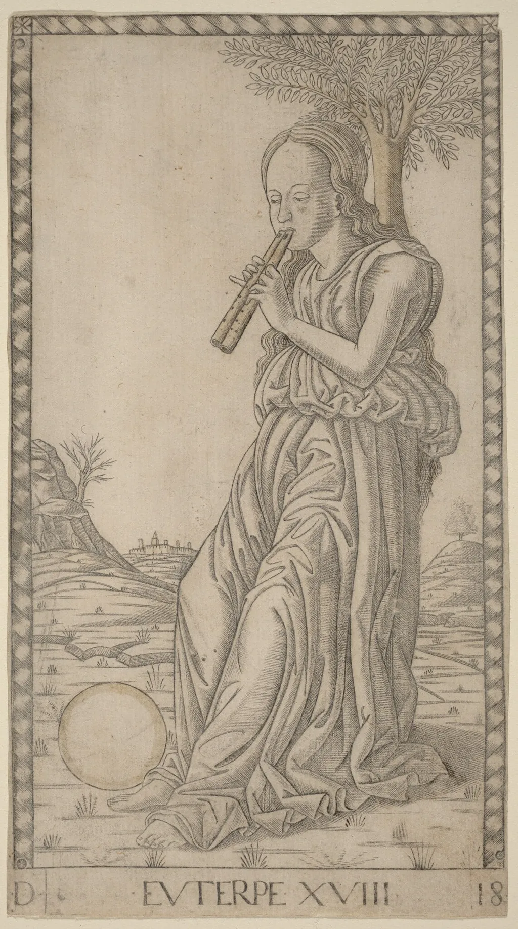 Euterpe, by Master of the E-Series Tarocchi, ink, 1465