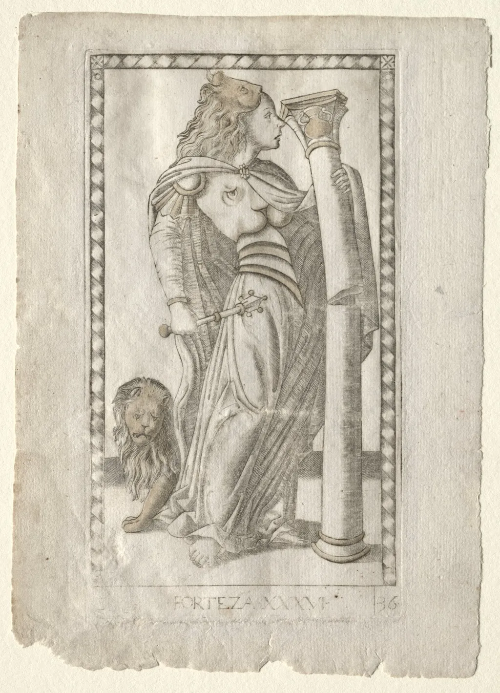Forteza (from the Tarocchi, series B: Cosmic Principles & Virtues, #36), by Master of the E-Series Tarocchi, 1467