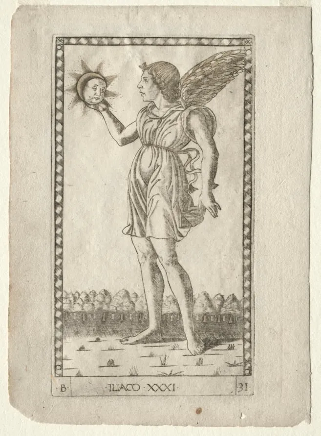Genius of the Sun (from the Tarocchi, series B: Cosmic Principles & Virtues, #31), by Master of the E-Series Tarocchi, 1467