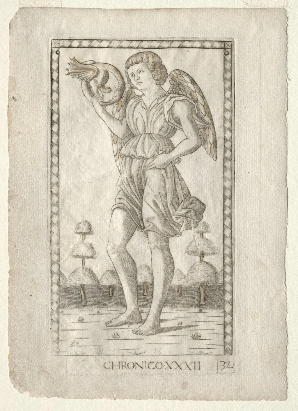 Genius of Time (from the Tarocchi, series B: Cosmic Principles & Virtues, #32), by Master of the E-Series Tarocchi, 1467