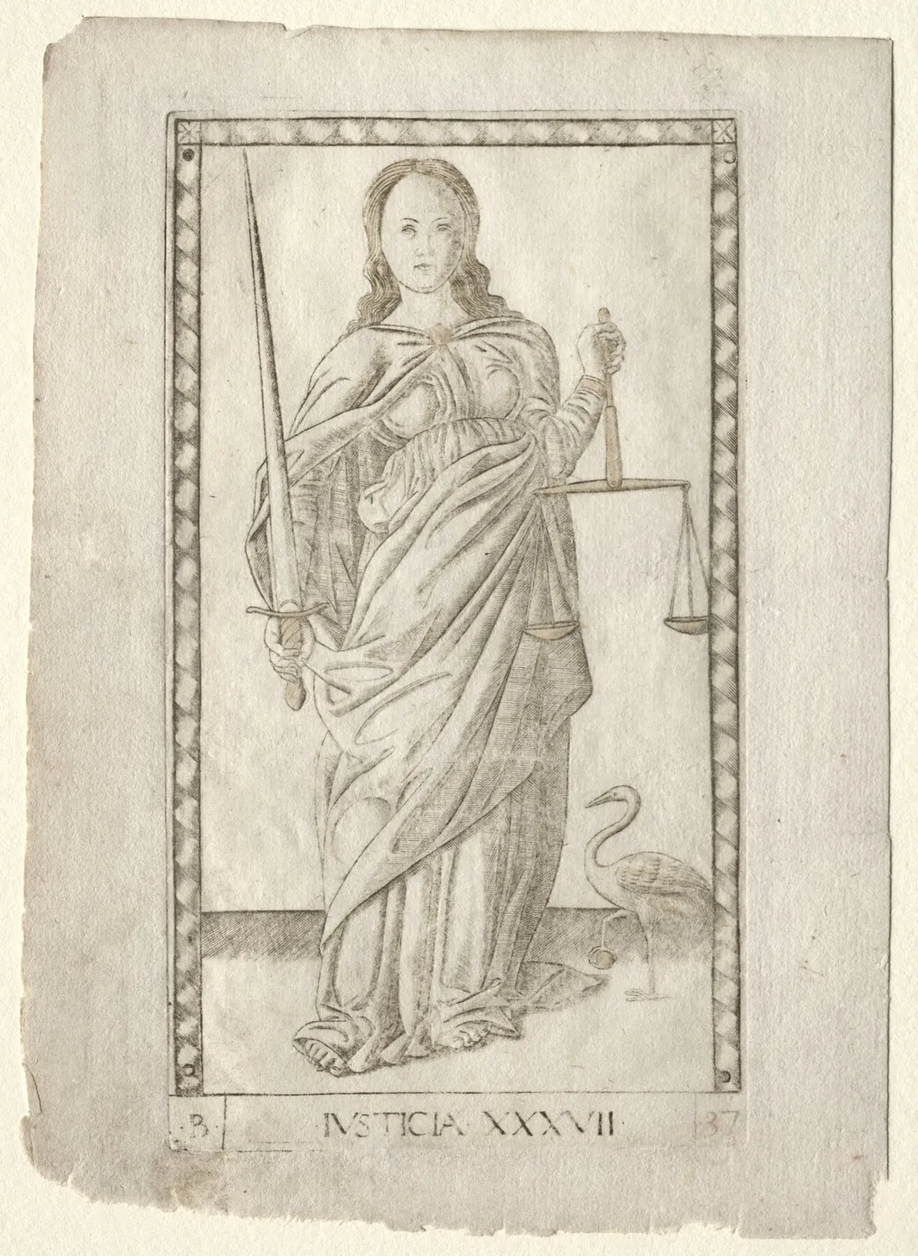 Justice (from the Tarocchi, series B: Cosmic Principles & Virtues, #37), by Master of the E-Series Tarocchi, 1467