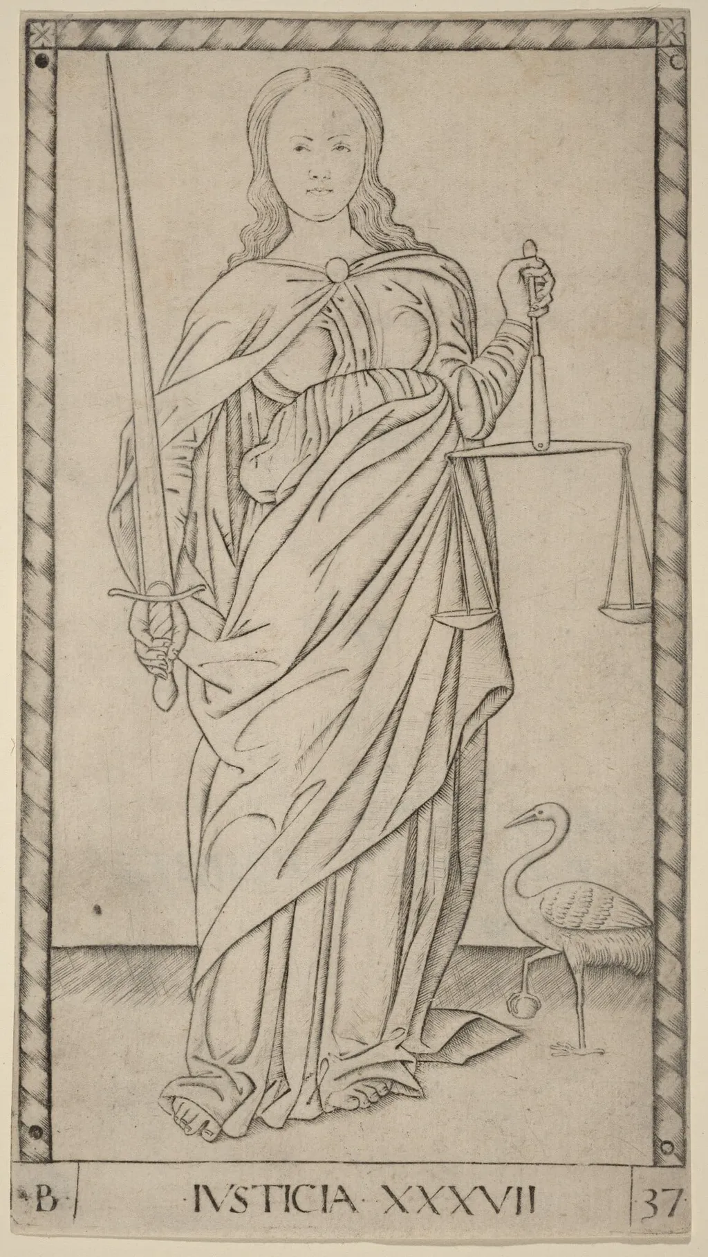 Justicia (Justice), by Master of the E-Series Tarocchi, ink, 1465
