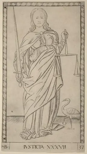 Justicia (Justice), by Master of the E-Series Tarocchi