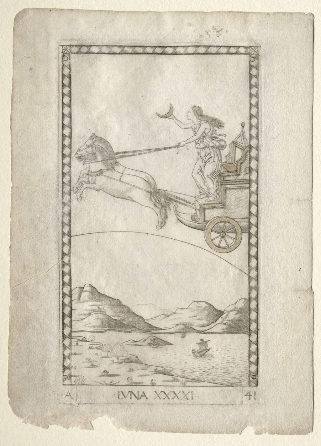 Luna (from the Tarocchi, series A: Firmaments of the Universe, #41), by Master of the E-Series Tarocchi, 1467