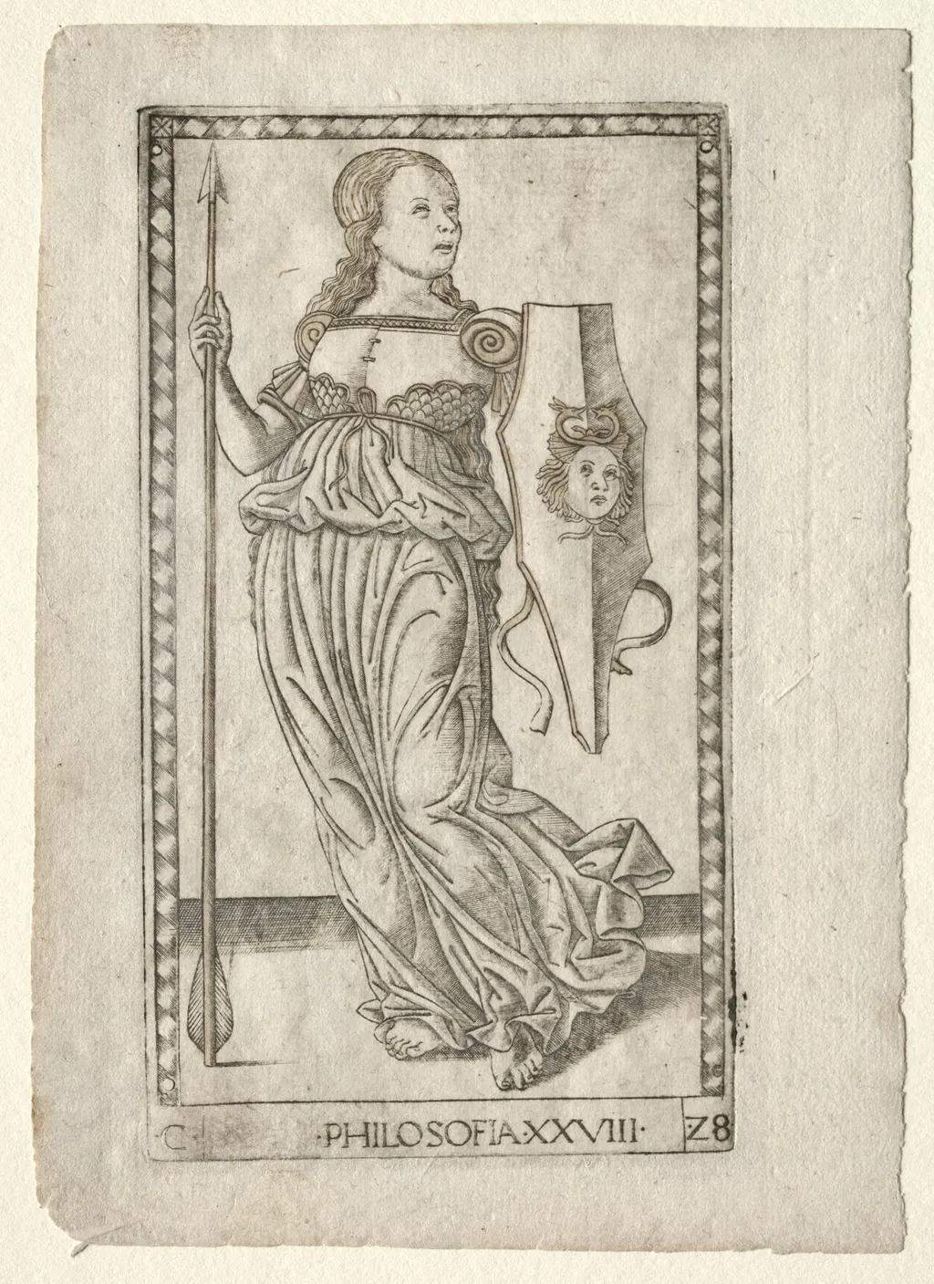 Philosophy (from the Tarocchi, series C: Liberal Arts, #28), by Master of the E-Series Tarocchi, 1467