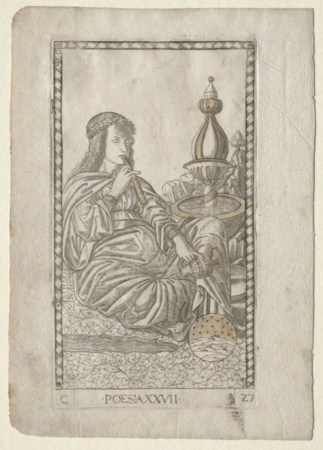 Poetry (from the Tarocchi, series C: Liberal Arts, #27), by Master of the E-Series Tarocchi, 1467