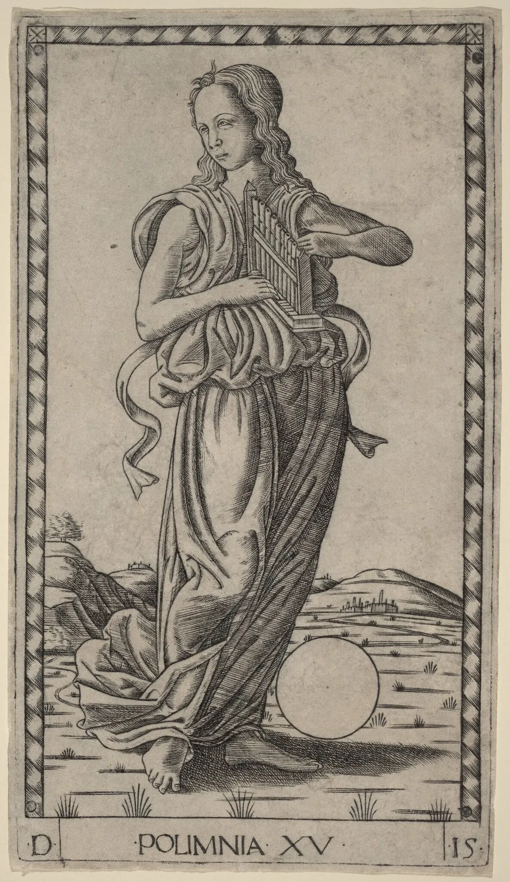 Polimnia (Polyhymnia), by Master of the E-Series Tarocchi, ink, 1465