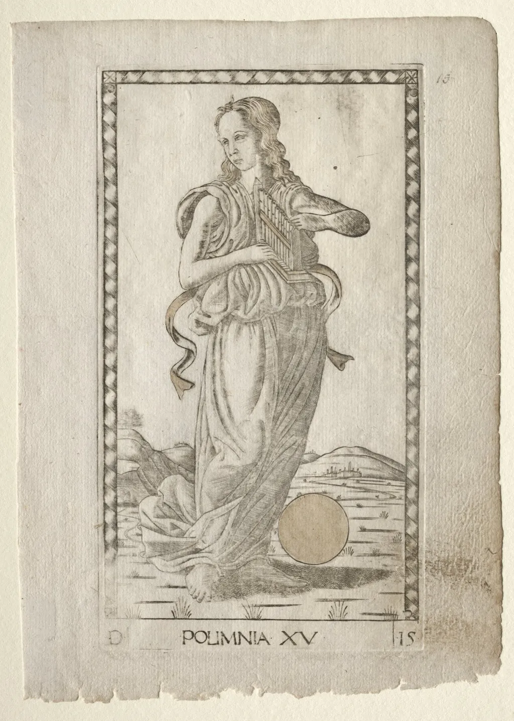 Polyhymnia (heroic hymns) (from the Tarocchi series D: Apollo and the Muses, #15), by Master of the E-Series Tarocchi, 1467