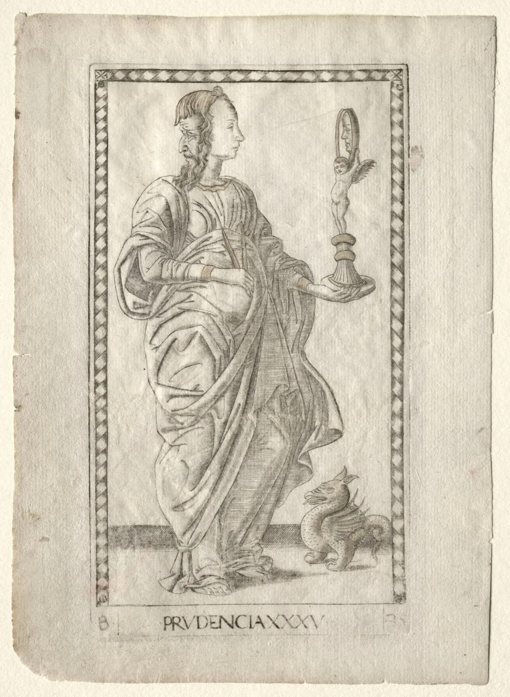 Prudence (from the Tarocchi, series B: Cosmic Principles & Virtues, #35), by Master of the E-Series Tarocchi, 1467