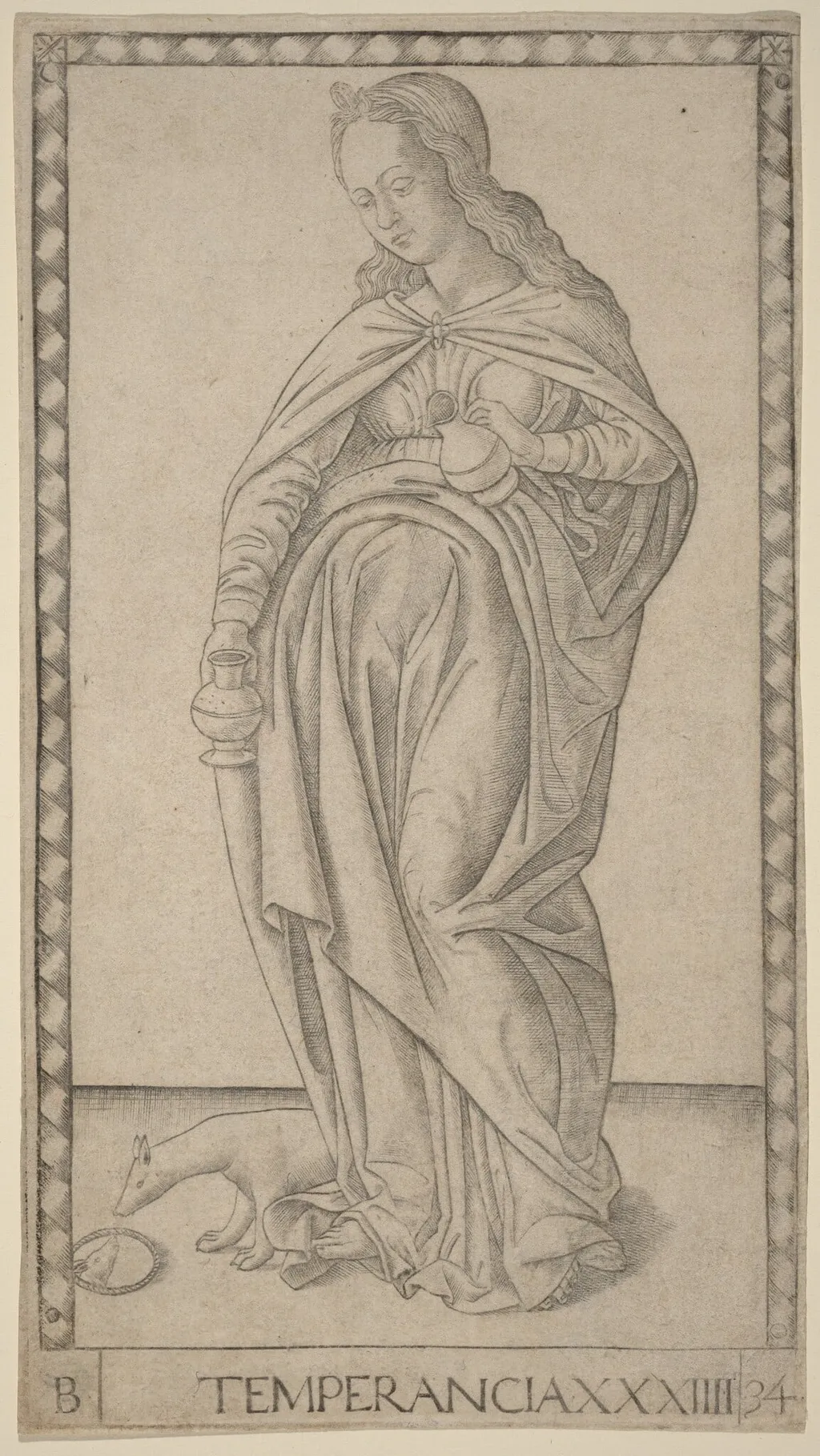 Temperancia (Temperance), by Master of the E-Series Tarocchi, ink, 1465