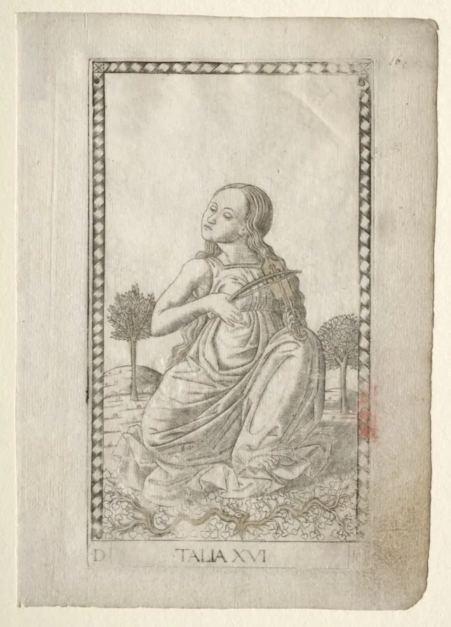 Thalia (comedy, pastoral poetry) (from the Tarocchi series D: Apollo and the Muses, #16), by Master of the E-Series Tarocchi, 1467