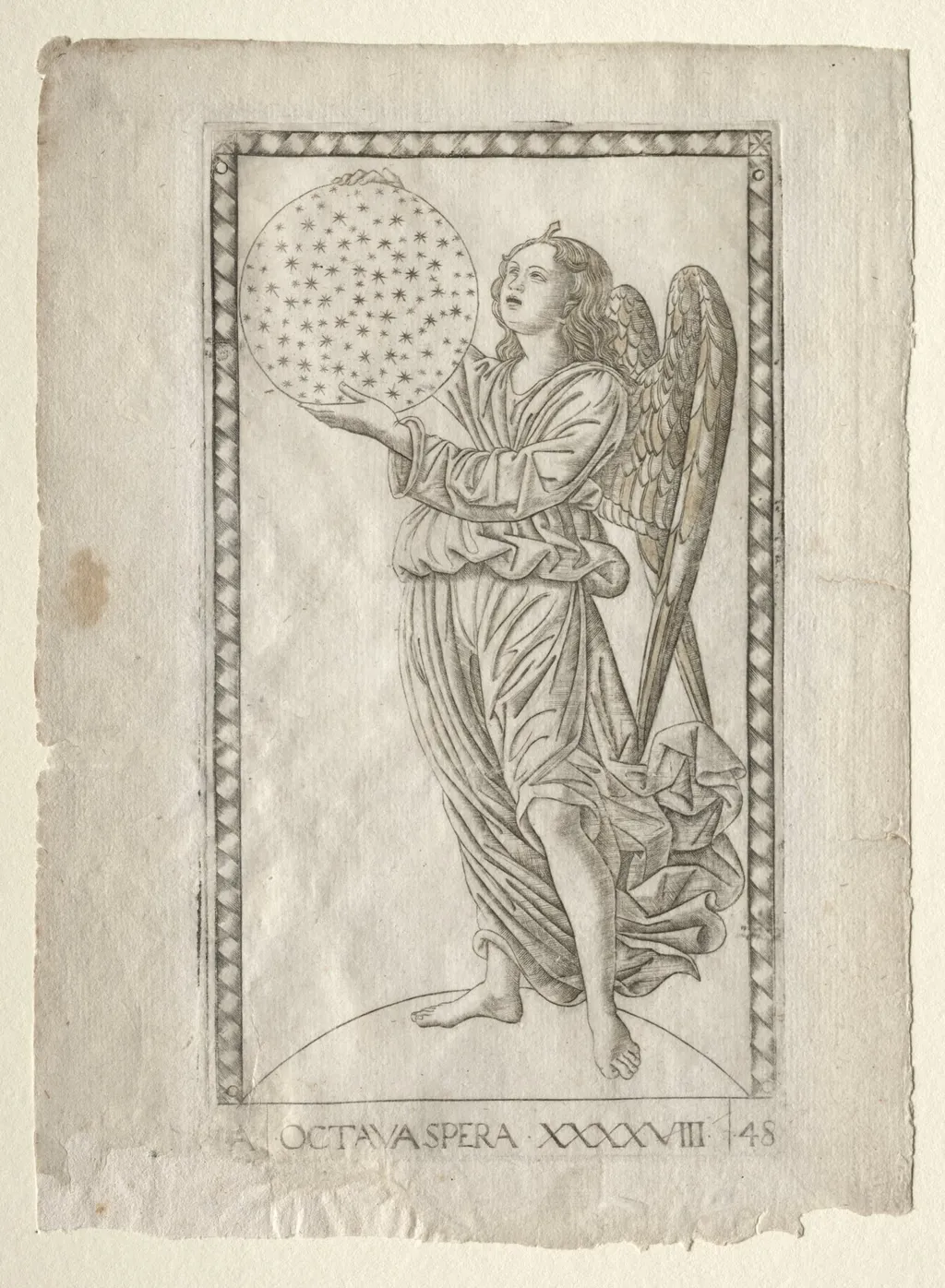 The Angel of the Eighth Sphere (from the Tarocchi, series A: Firmaments of the Universe, #48), by Master of the E-Series Tarocchi, 1467
