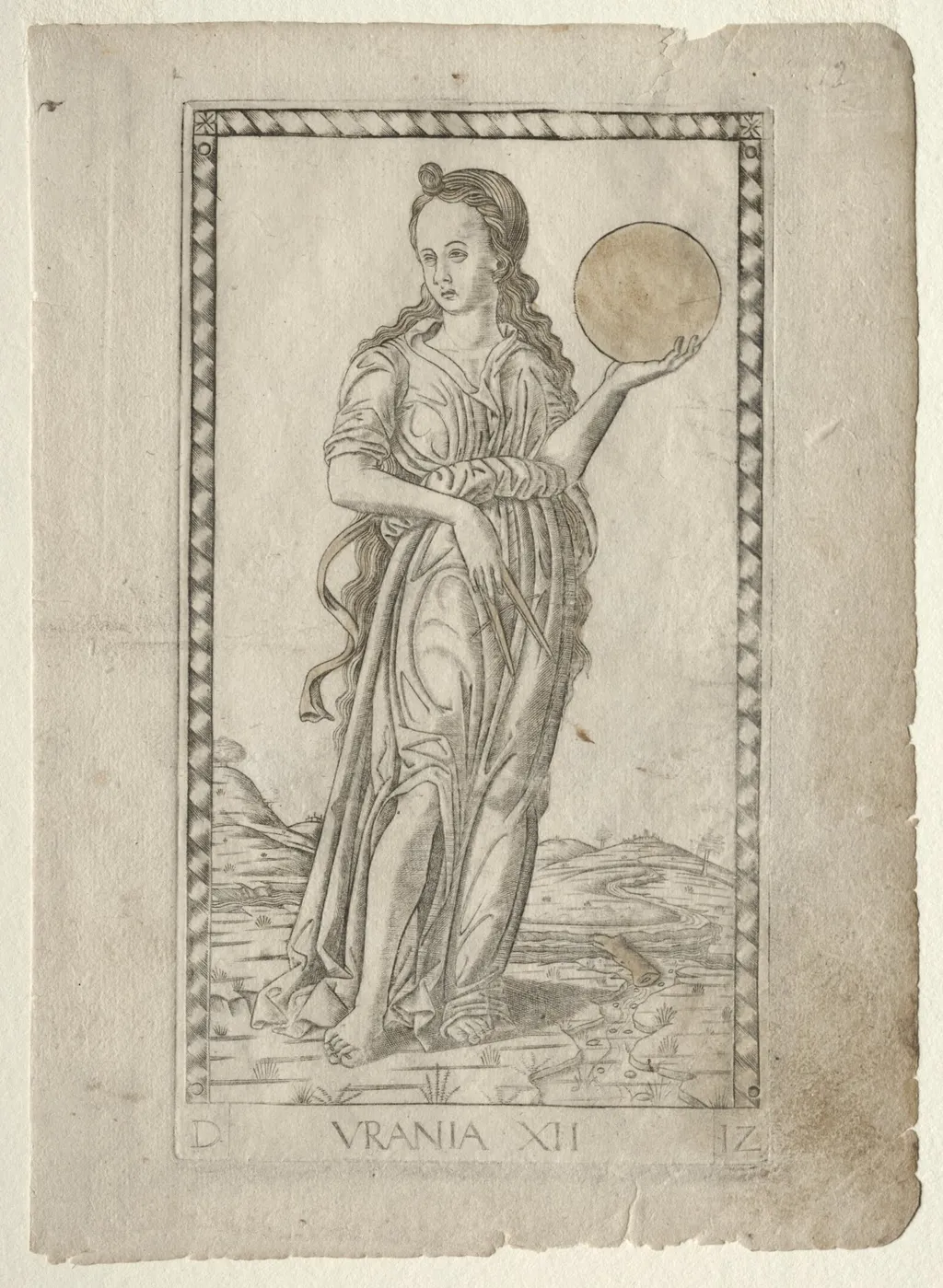 Urania (astronomy) (from the Tarocchi series D: Apollo and the Muses, #12), by Master of the E-Series Tarocchi, 1467