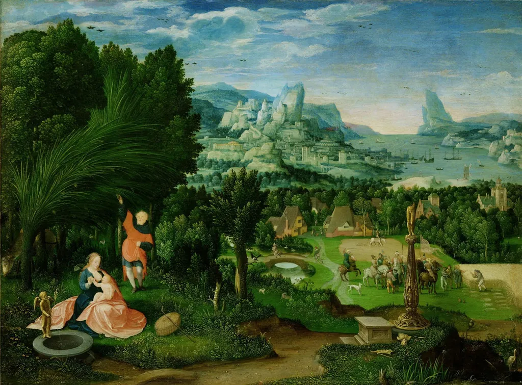 Landscape with the Rest on the Flight into Egypt, by Master of the Female Half-Lengths, oil, 1550