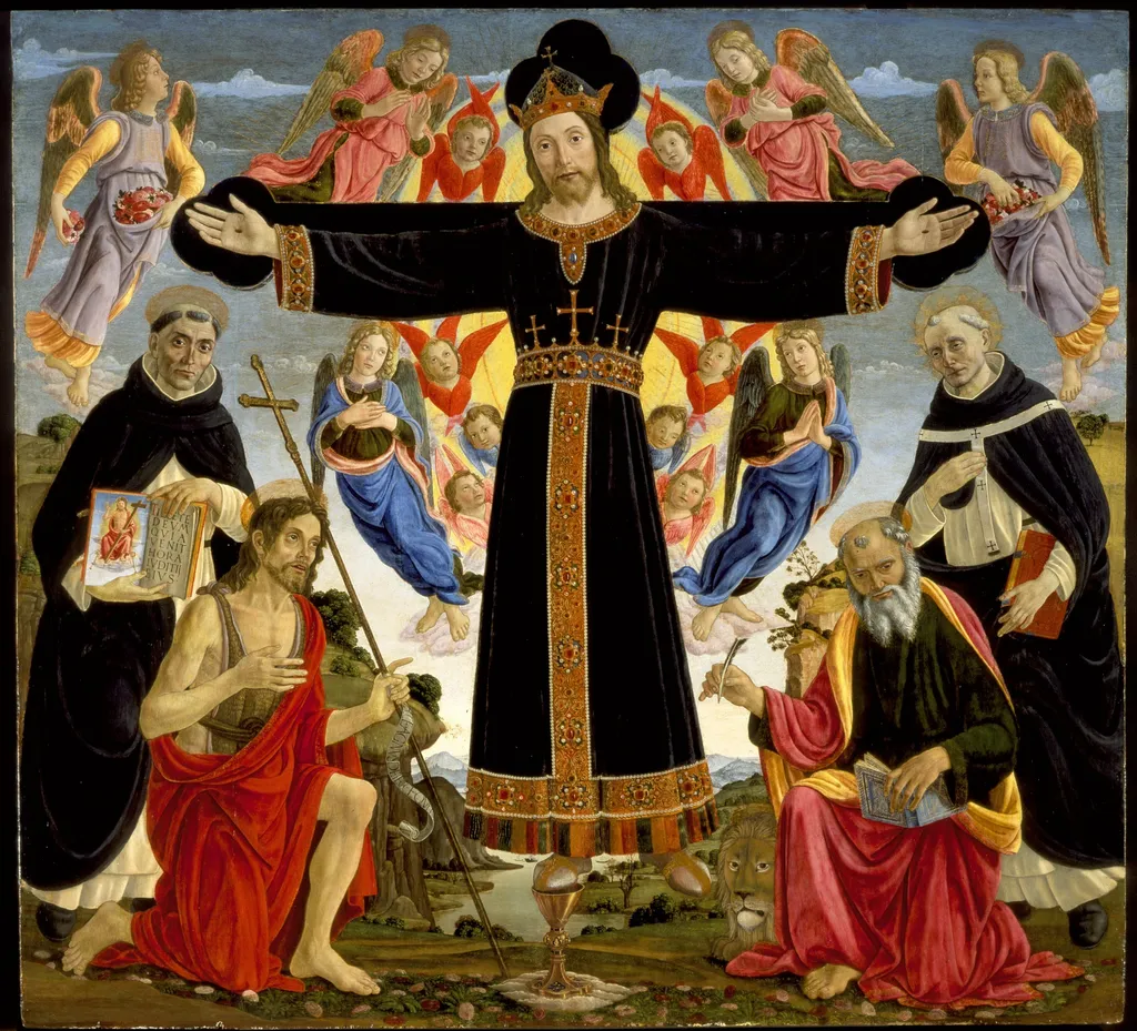 Christ on the Cross with Saints Vincent Ferrer, John the Baptist, Mark and Antoninus, by Master of the Fiesole Epiphany, unspecified, 1496