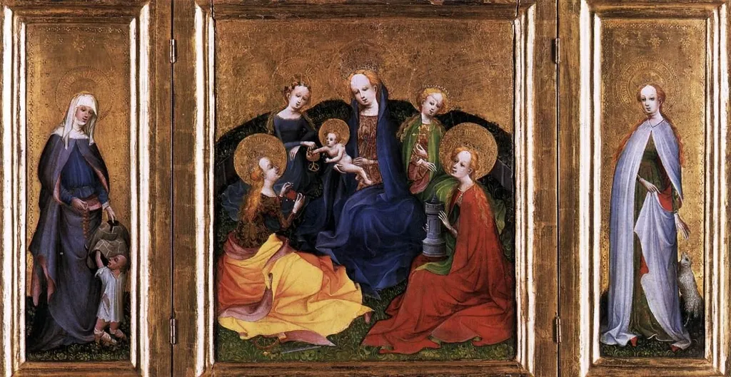 Triptych: Madonna and Child with Saints, by Master of the Holy Kinship the Elder, paint, 1420