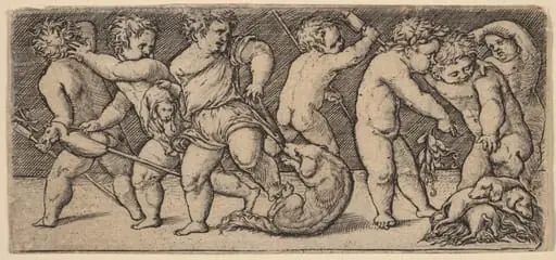Children Playing with a Bitch and Three Young Dogs, by Master of the Horse Heads