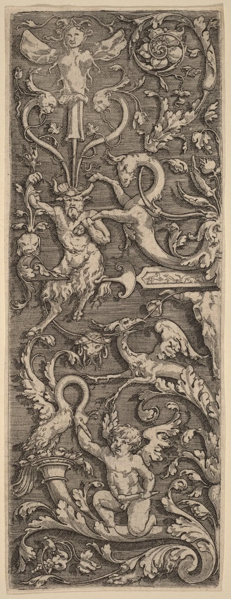 Ornament with a Cupid, a Satyr, and Grotesque Figures, by Master of the Horse Heads, ink, 1506