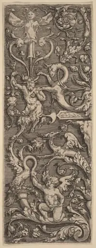 Ornament with a Cupid, a Satyr, and Grotesque Figures, by Master of the Horse Heads
