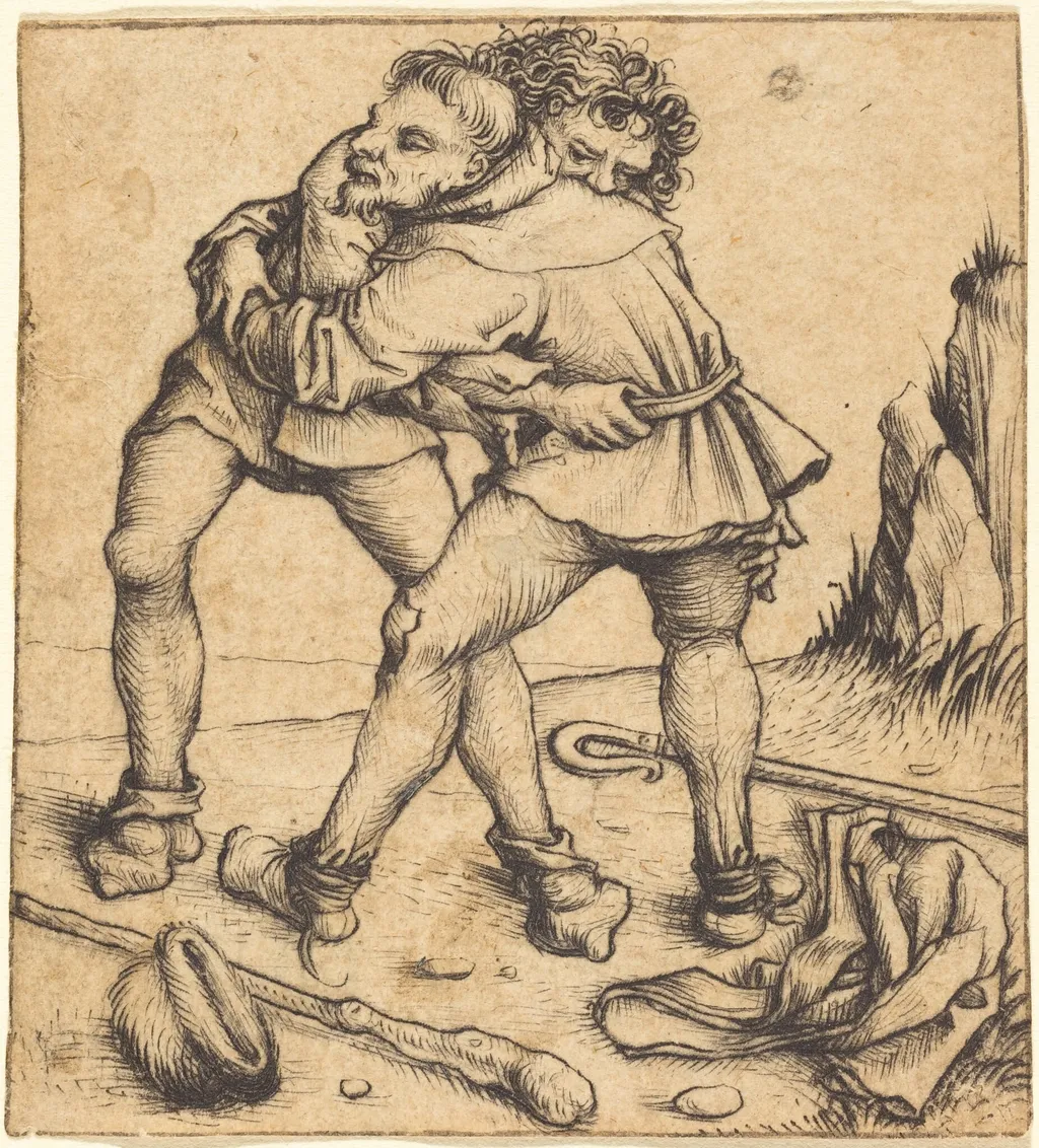 Two Peasants Fighting, by Master of the Housebook, ink, 1478