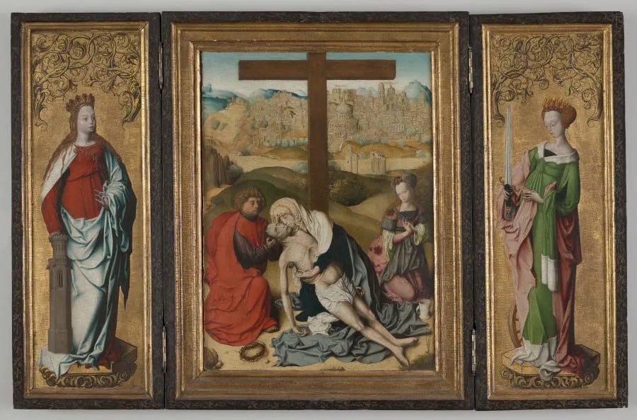 Triptych with The Lamentation of Christ (center), St. Barbara (left wing), St. Catherine of Alexandria (right wing), The Annunciation (reverse wings), by Master of the Krainburg Altar, unspecified, 1500