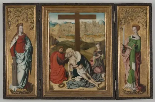 Triptych with The Lamentation of Christ (center), St. Barbara (left wing), St. Catherine of Alexandria (right wing), The Annunciation (reverse wings), by Master of the Krainburg Altar