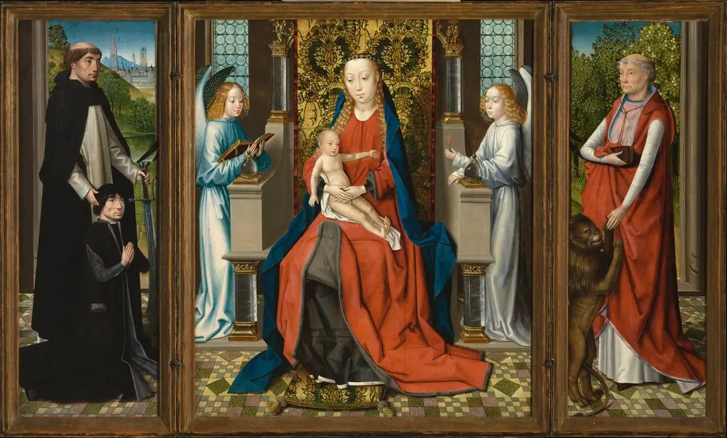 Triptych of Madonna and Child with Angels; Donor and His Patron Saint Peter Martyr; and Saint Jerome and His Lion