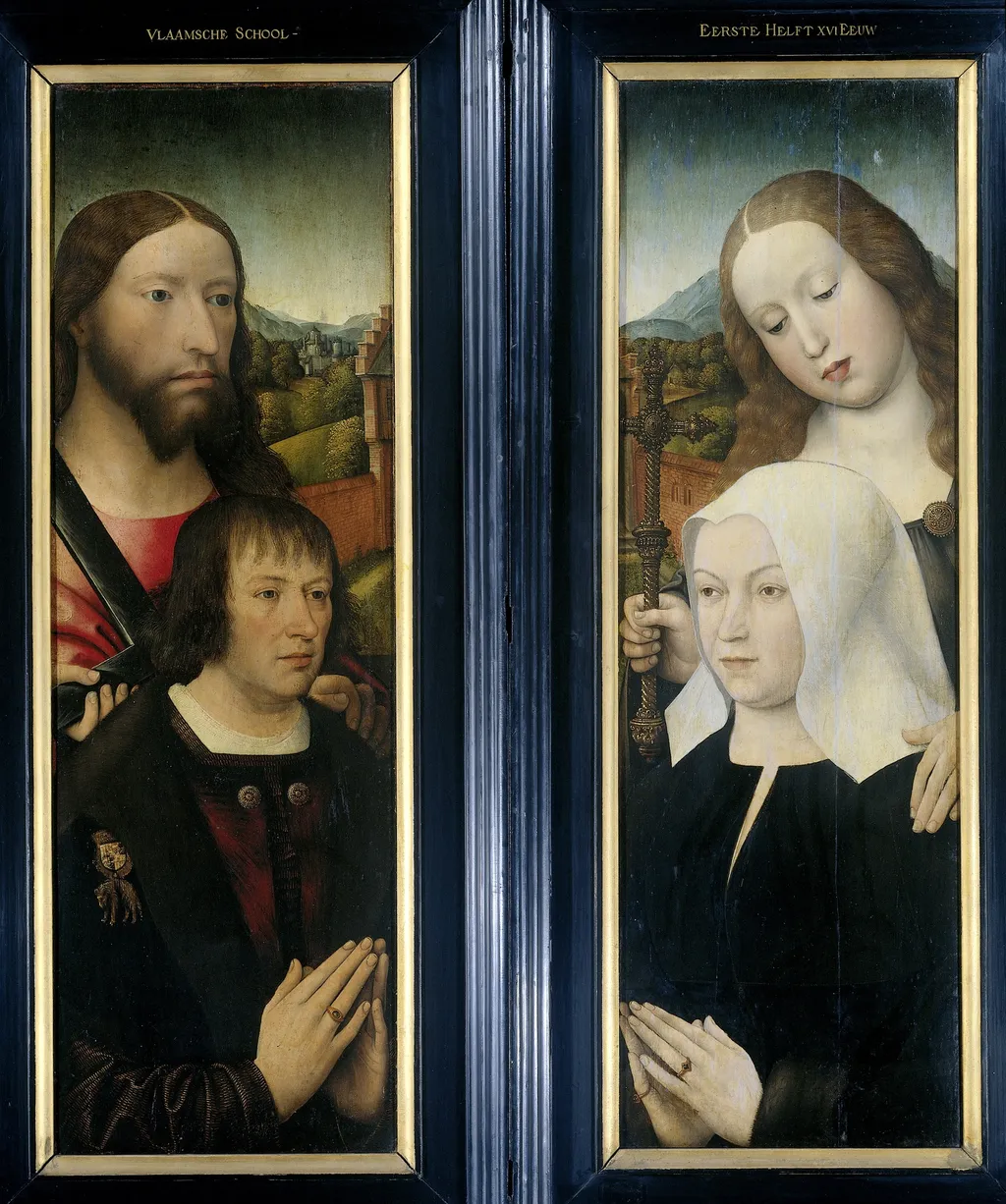 Two Wings of a Triptych with the Donor, Thomas Isaacq, accompanied by Saint Thomas (left, outer wing), and the Donor's Wife accompanied by Saint Margaret (right, outer wing), by Master of the Legend of the Magdalene, oil, 1507
