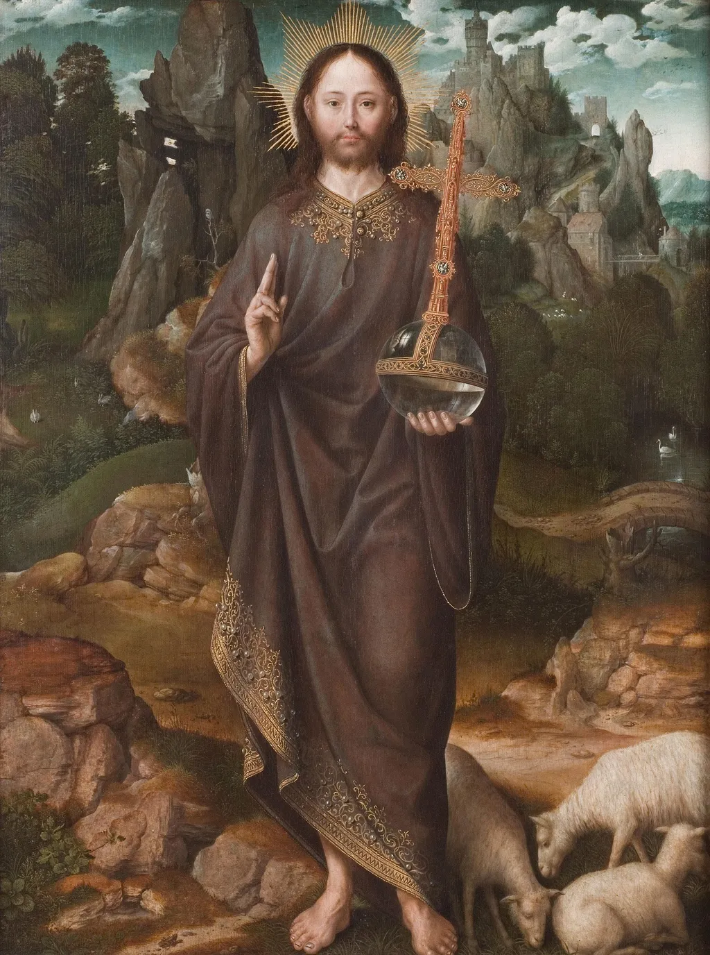 Salvator Mundi in a Landscape, by Master of the Mansi Magdalen, oil, 1520