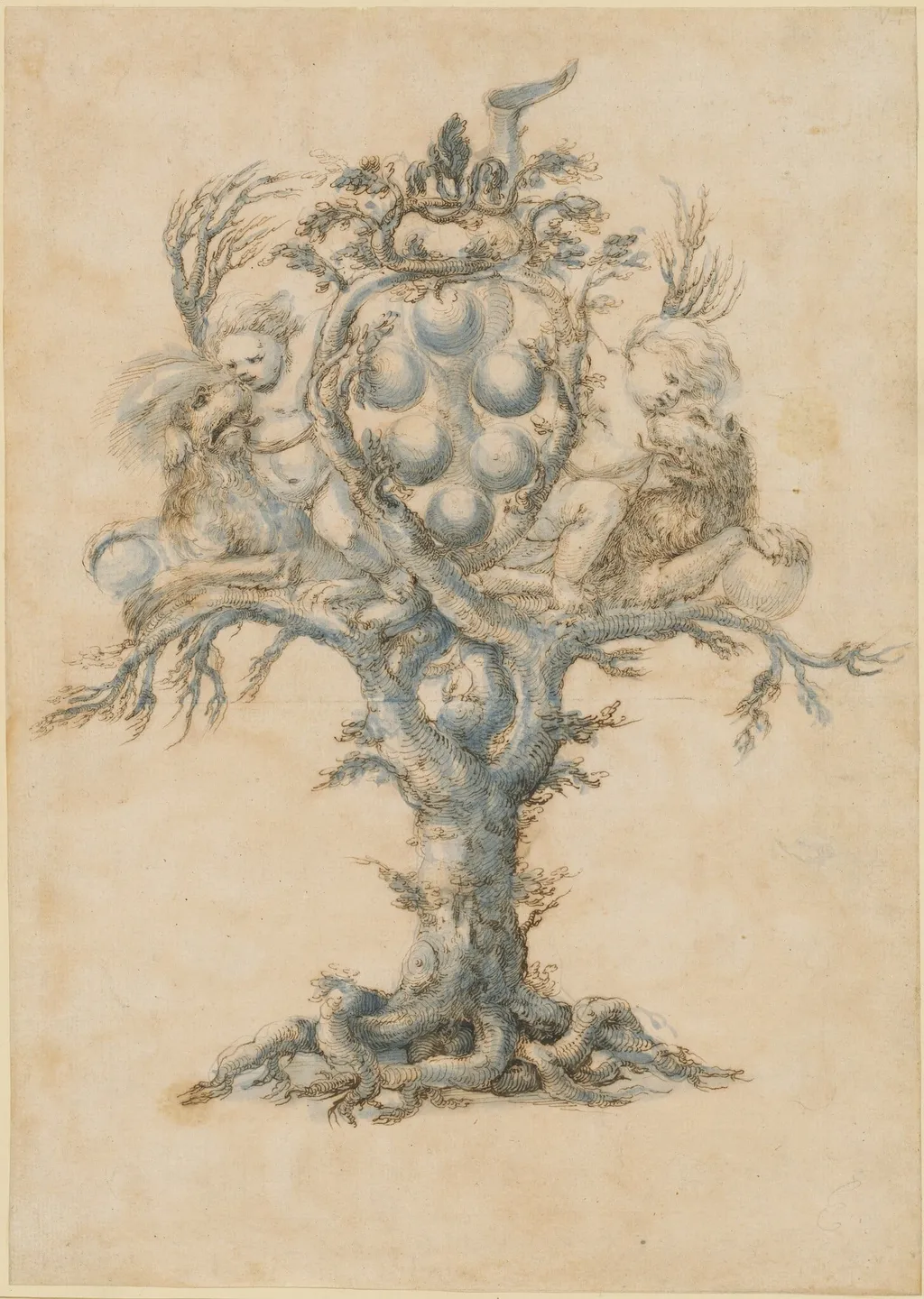 A Wine Decanter with Lions and Putti, by Master of the Medici Banquet Decanters, ink, 1660