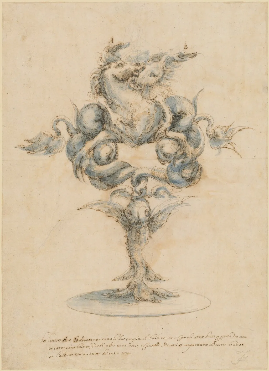 A Wine Decanter with Two Fighting Sea Horses, by Master of the Medici Banquet Decanters, ink, 1660