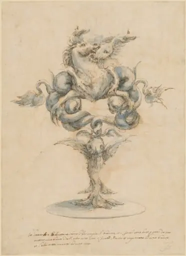 A Wine Decanter with Two Fighting Sea Horses, by Master of the Medici Banquet Decanters