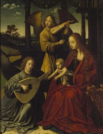 Maria met Kind en musicerende engelen, by Master of the Morrison Triptych