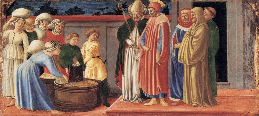 Saints Giusto and Clemente Multiplying the Grain of Volterra, by Master of the Nativity of Castello, unspecified, 1450