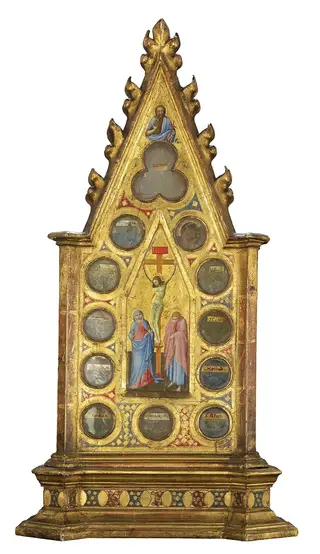 The Crucifixion with the Virgin and Saint John, with Saint John Baptist (above); Franciscan Saint in Prayer before a Vision of Christ and Saints, with a Male Saint (above) (recto and verso), by Master of the Osservanza