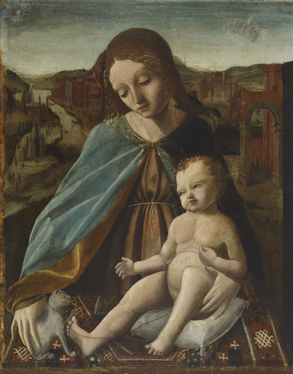 Madonna and Child with a Cat, by Master of the Pala Sforzesca, oil, 1492